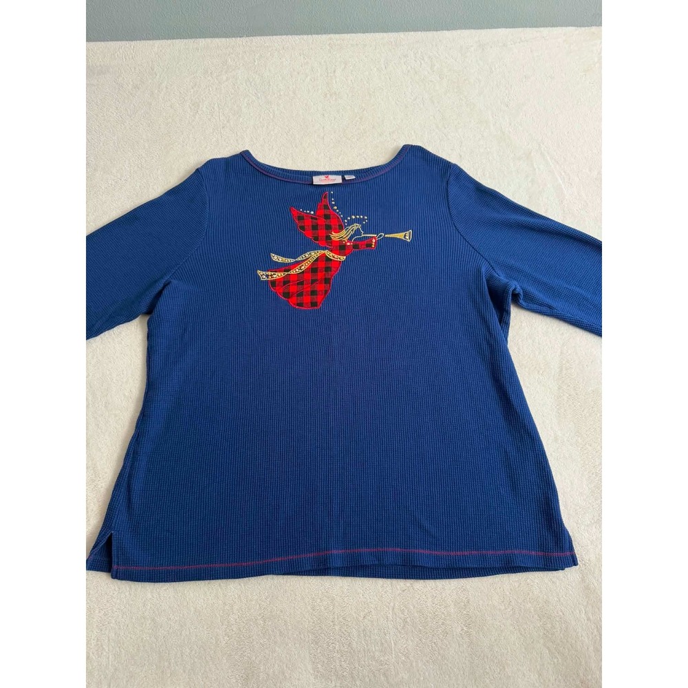 Quacker Factory Womens XL Blue Shirt Buffalo Plaid Angel Waffle Knit Rhinestone